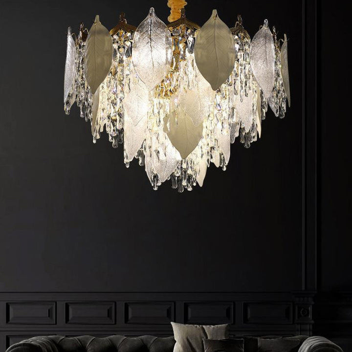 Contemporary Luxury Leaf Crystal Glass Iron Ceramic 9/15/16 Light Chandelier For Living Room