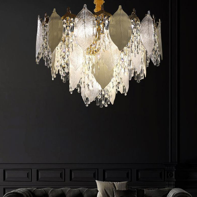 Zeitgenössische Luxus Blatt Kristall Glas Eisen Keramik 9/15/16 Licht Kronleuchter Für Wohnzimmer 