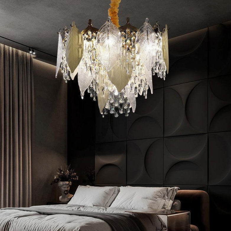 Zeitgenössische Luxus Blatt Kristall Glas Eisen Keramik 9/15/16 Licht Kronleuchter Für Wohnzimmer 