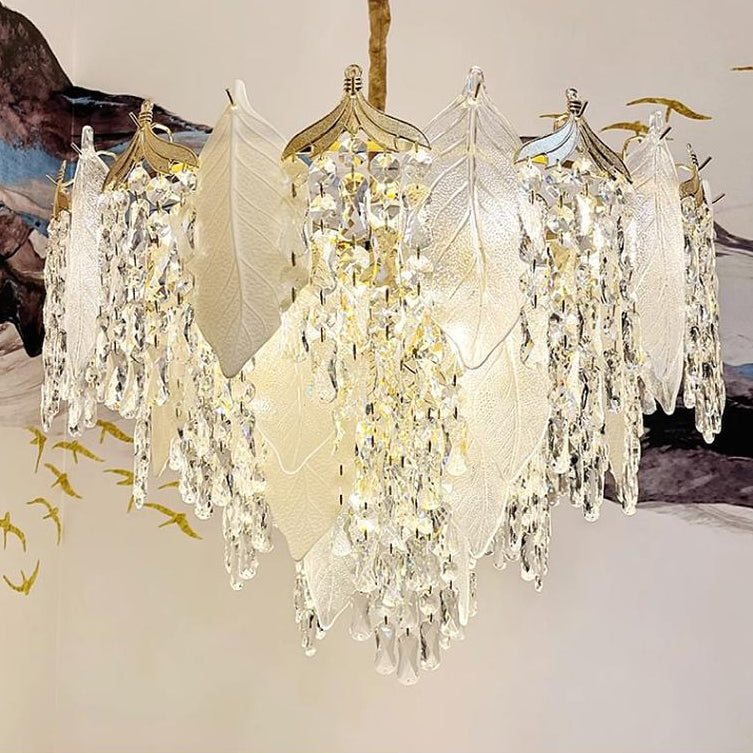 Contemporary Luxury Leaf Crystal Glass Iron Ceramic 9/15/16 Light Chandelier For Living Room