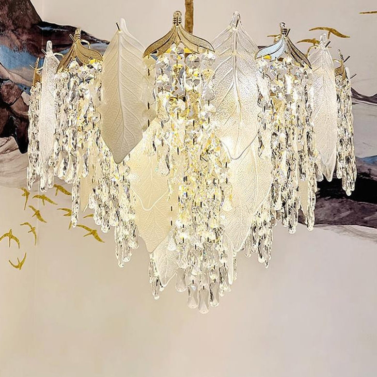 Zeitgenössische Luxus Blatt Kristall Glas Eisen Keramik 9/15/16 Licht Kronleuchter Für Wohnzimmer 