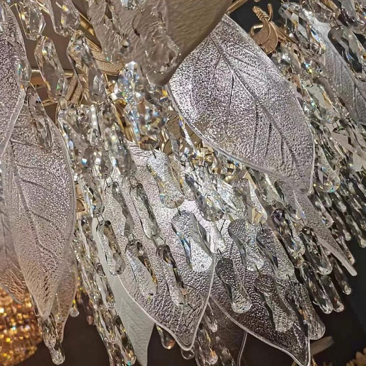Contemporary Luxury Leaf Crystal Glass Iron Ceramic 9/15/16 Light Chandelier For Living Room
