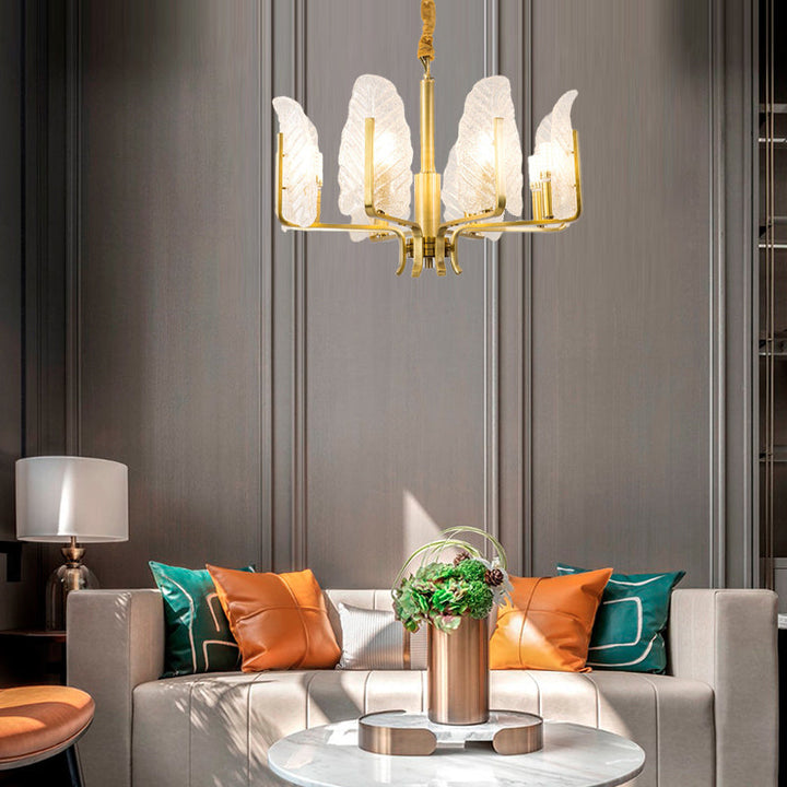 Contemporary Scandinavian Leaf Branch Glass Copper 8-Light Chandelier For Bedroom