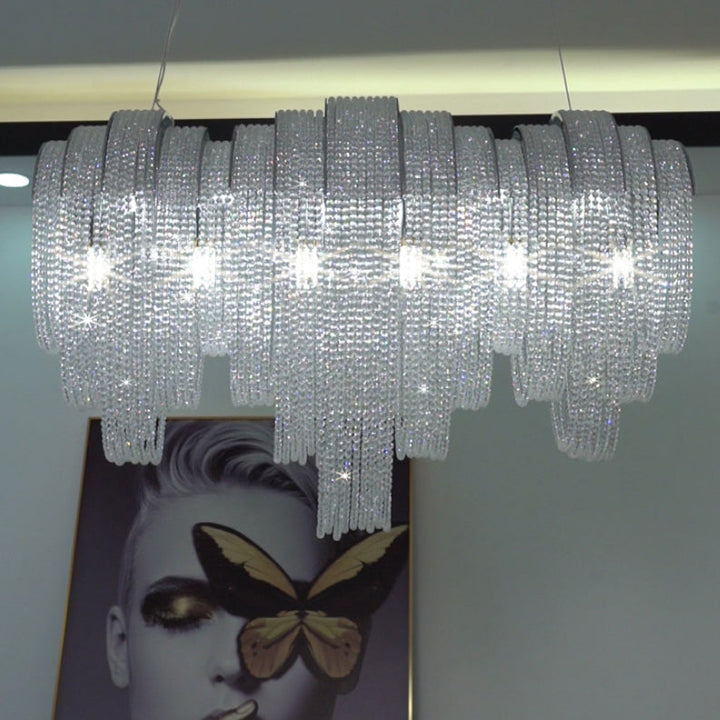 Lustre contemporain rectangulaire de luxe avec franges en cristal et acier inoxydable 9/11/13 lumières pour salle à manger 