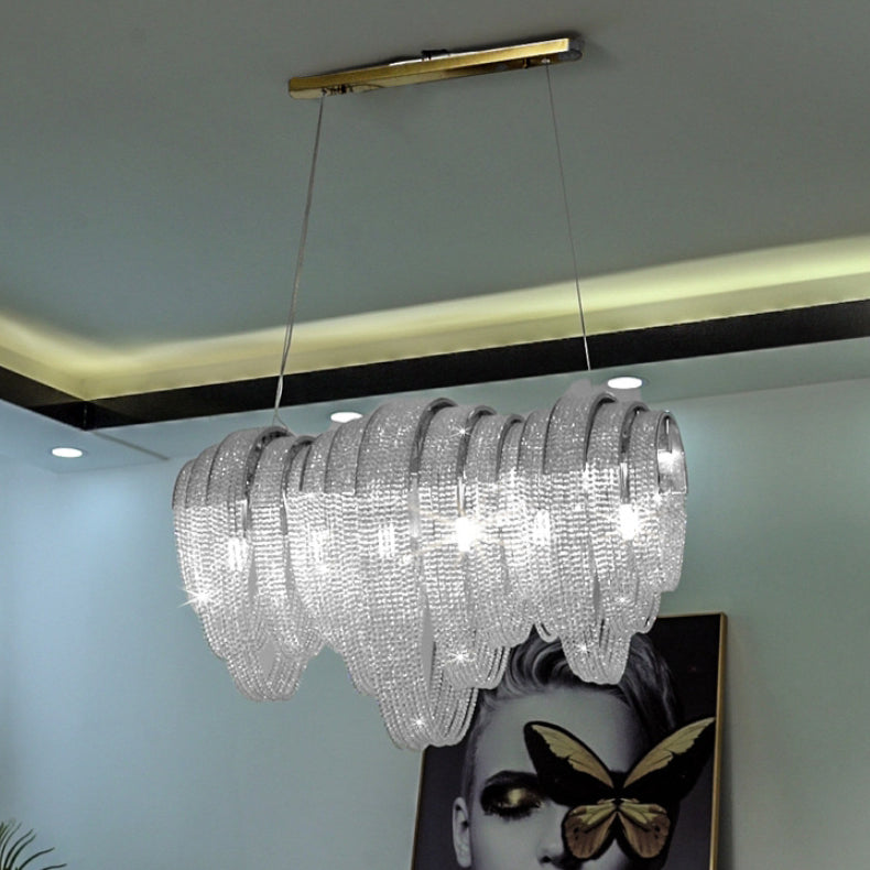 Lustre contemporain rectangulaire de luxe avec franges en cristal et acier inoxydable 9/11/13 lumières pour salle à manger 