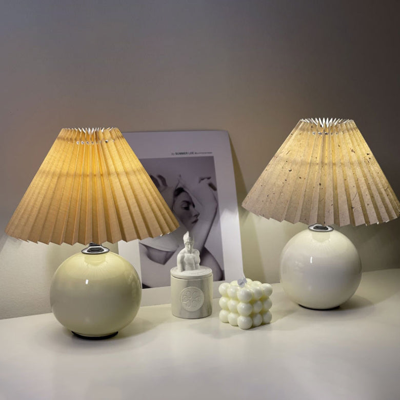 Modern Minimalist Round Fabric Pleated Ceramic 1-Light Table Lamp For Bedroom