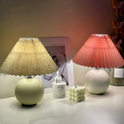 Modern Minimalist Round Fabric Pleated Ceramic 1-Light Table Lamp For Bedroom