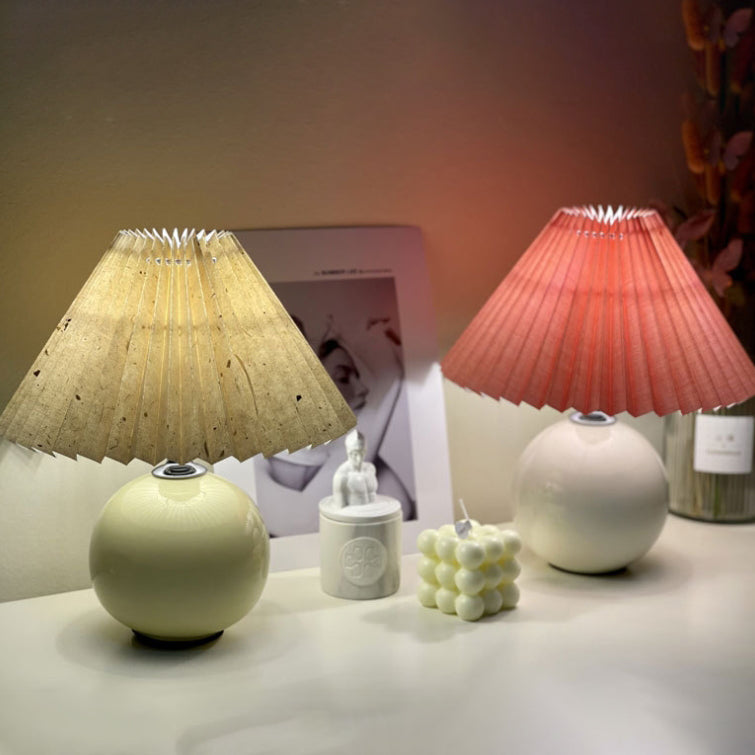 Modern Minimalist Round Fabric Pleated Ceramic 1-Light Table Lamp For Bedroom