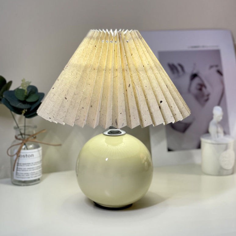 Modern Minimalist Round Fabric Pleated Ceramic 1-Light Table Lamp For Bedroom