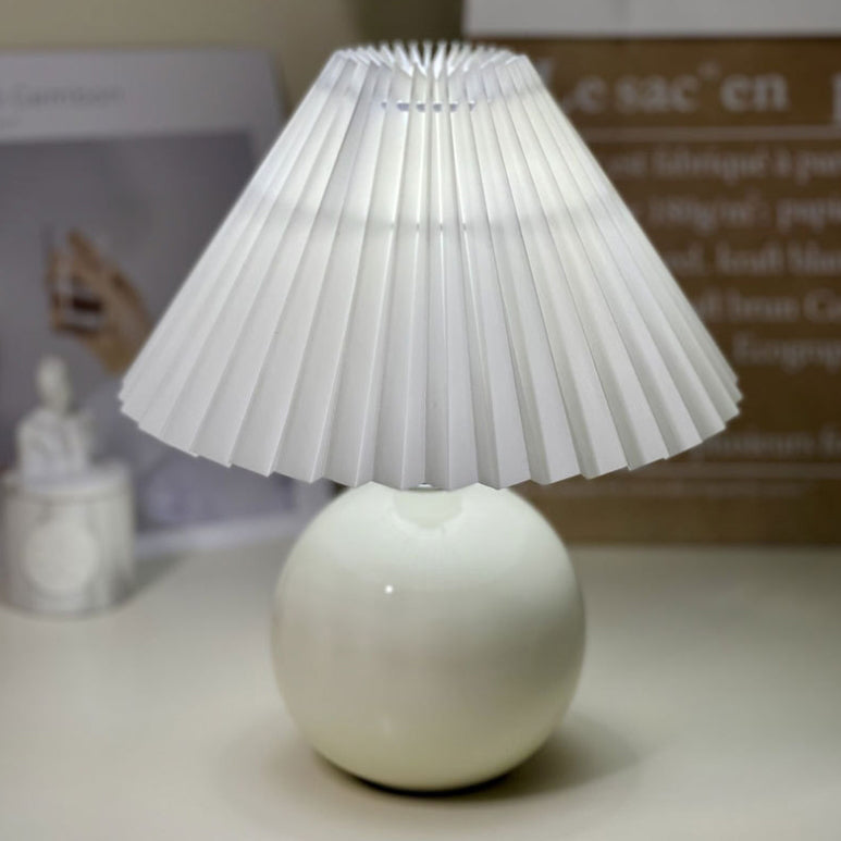Modern Minimalist Round Fabric Pleated Ceramic 1-Light Table Lamp For Bedroom
