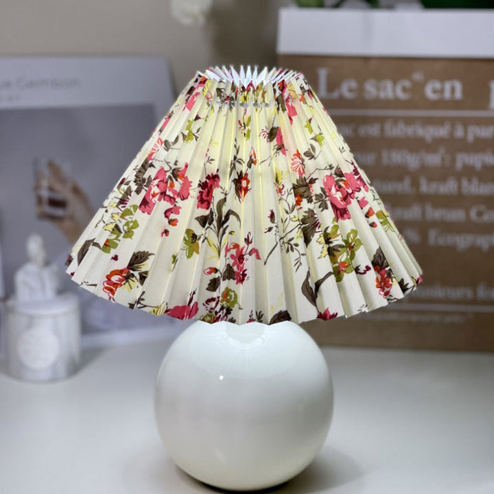 Modern Minimalist Round Fabric Pleated Ceramic 1-Light Table Lamp For Bedroom