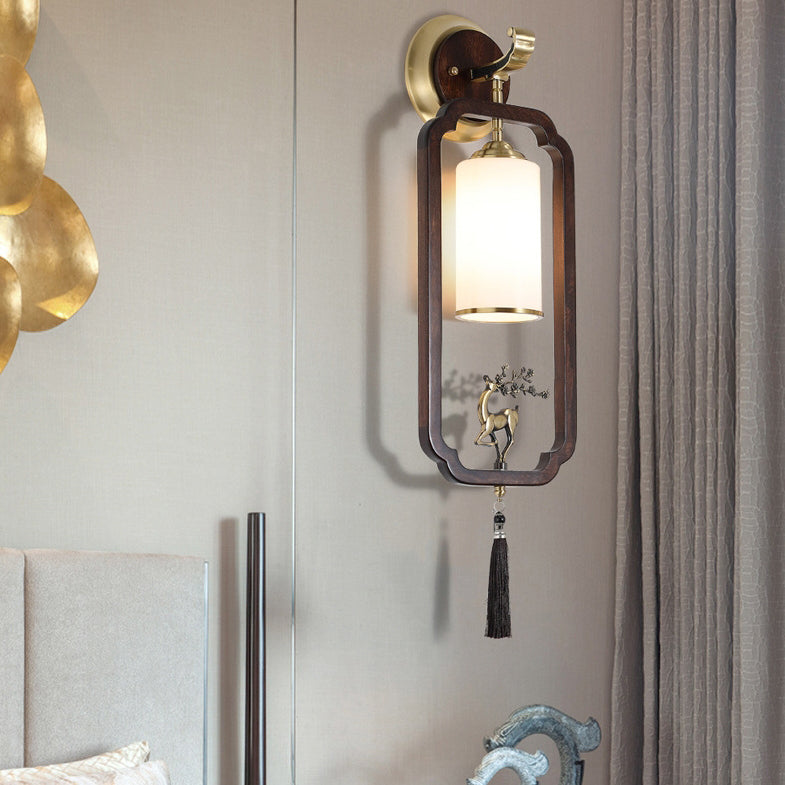 Traditional Chinese Brass Rubber Wood Glass Rectangular Cylinder Deer 1-Light Wall Sconce Lamp For Hallway