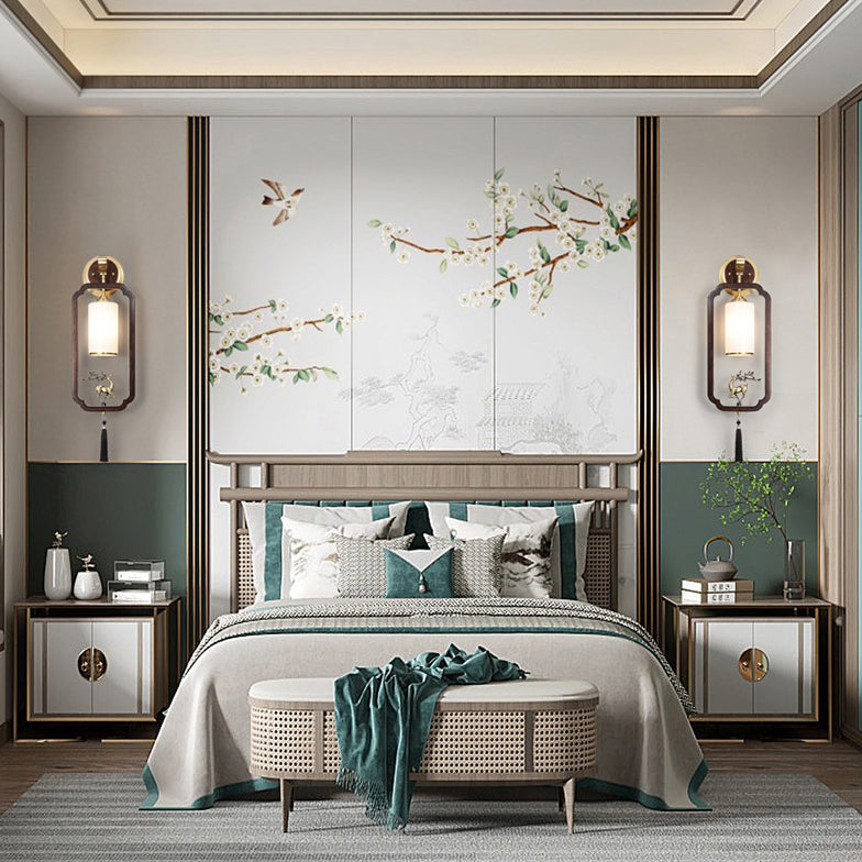Applique murale traditionnelle en laiton chinois en bois de caoutchouc et verre rectangulaire cylindre avec cerf 1-lumière pour couloir 