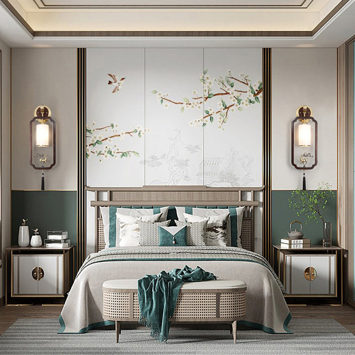 Applique murale traditionnelle en laiton chinois en bois de caoutchouc et verre rectangulaire cylindre avec cerf 1-lumière pour couloir 