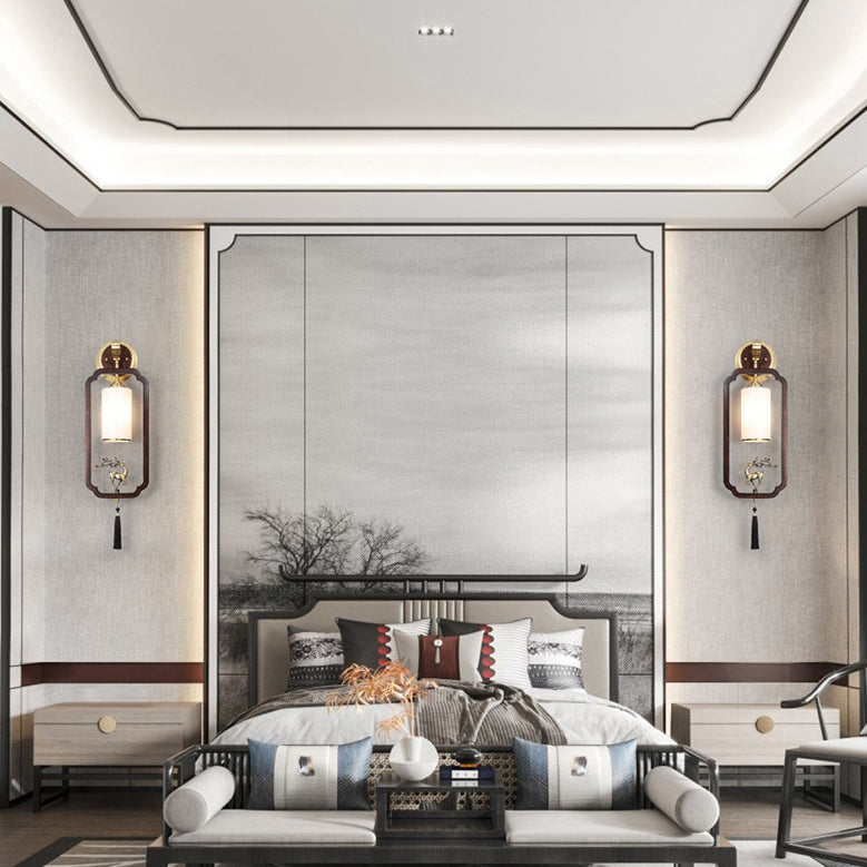 Traditional Chinese Brass Rubber Wood Glass Rectangular Cylinder Deer 1-Light Wall Sconce Lamp For Hallway