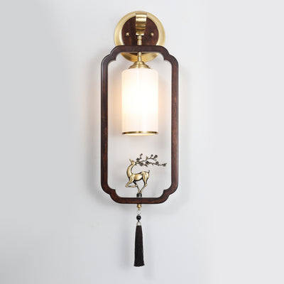 Traditional Chinese Brass Rubber Wood Glass Rectangular Cylinder Deer 1-Light Wall Sconce Lamp For Hallway