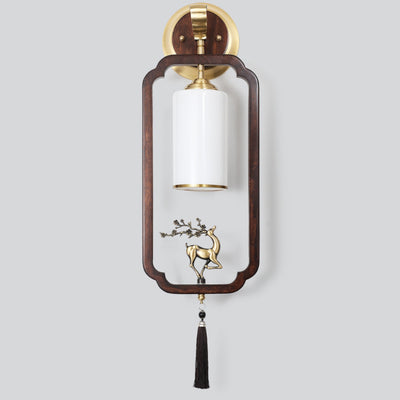 Traditional Chinese Brass Rubber Wood Glass Rectangular Cylinder Deer 1-Light Wall Sconce Lamp For Hallway