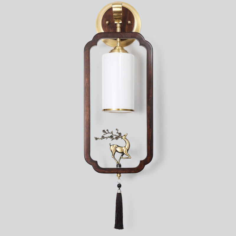 Traditional Chinese Brass Rubber Wood Glass Rectangular Cylinder Deer 1-Light Wall Sconce Lamp For Hallway