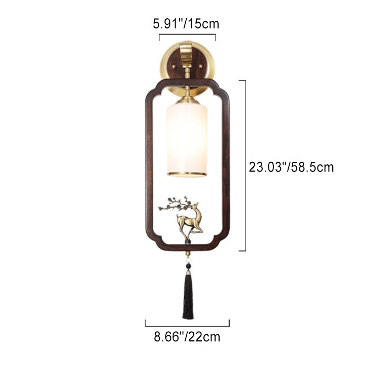Traditional Chinese Brass Rubber Wood Glass Rectangular Cylinder Deer 1-Light Wall Sconce Lamp For Hallway