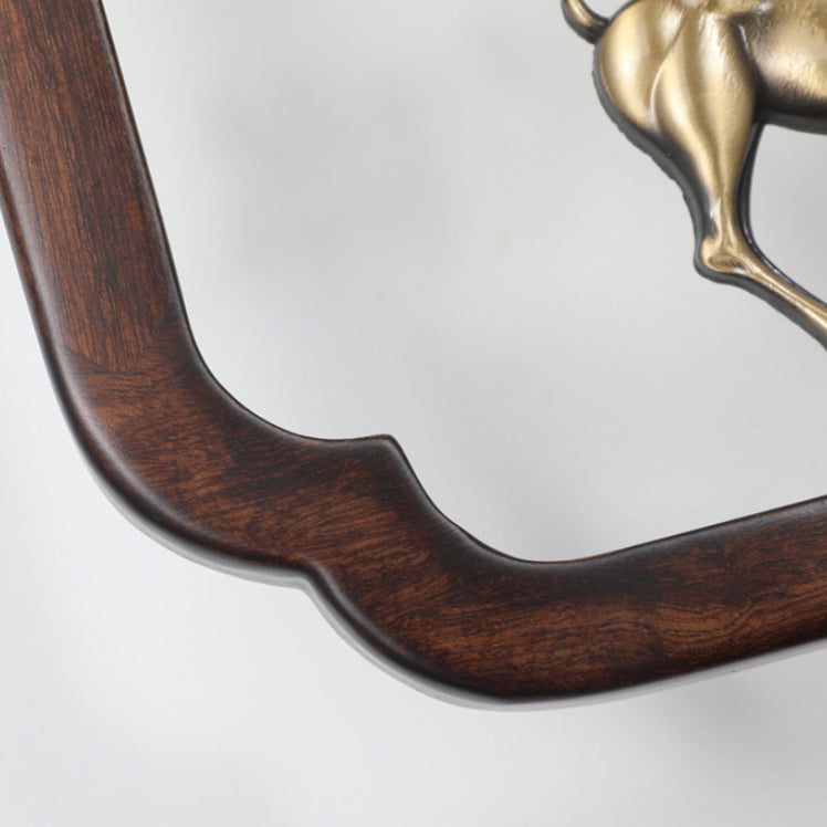 Traditional Chinese Brass Rubber Wood Glass Rectangular Cylinder Deer 1-Light Wall Sconce Lamp For Hallway