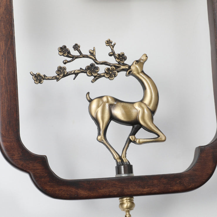 Traditional Chinese Brass Rubber Wood Glass Rectangular Cylinder Deer 1-Light Wall Sconce Lamp For Hallway