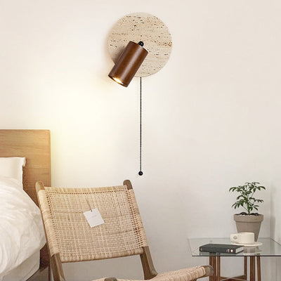 Moderne Mid-Century Runde Zylinder Massivholz Beige Travertin 1-Licht Wandleuchte Lampe für Schlafzimmer 