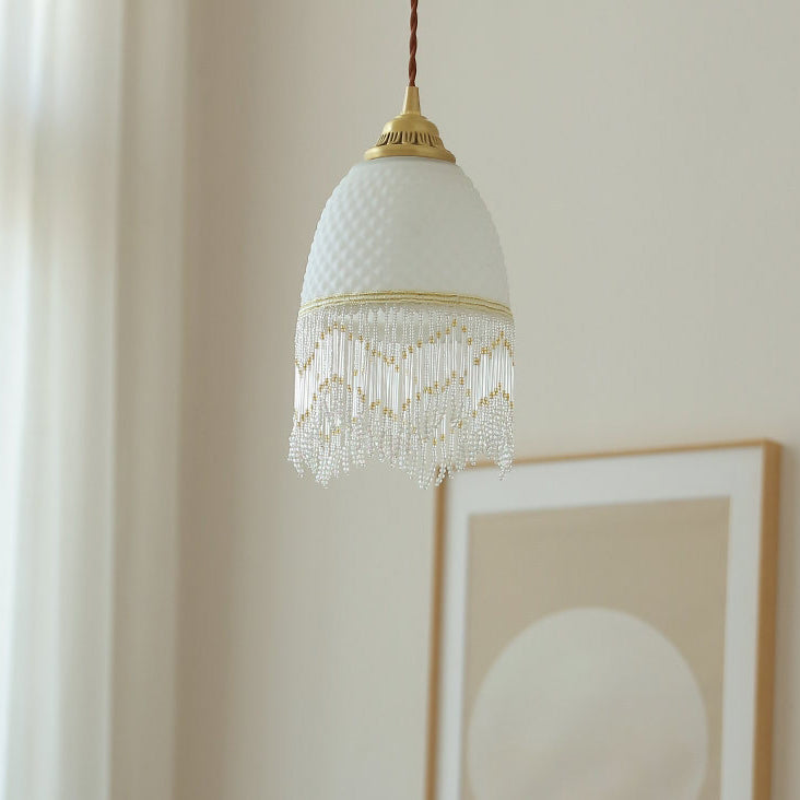 Lámpara colgante de 1 luz de cobre con cristal ovalado tradicional europeo con borla para dormitorio 
