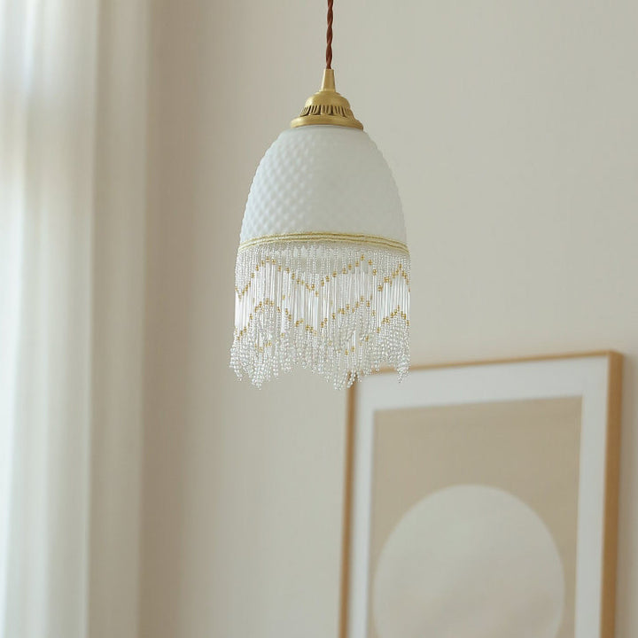 Lámpara colgante de 1 luz de cobre con cristal ovalado tradicional europeo con borla para dormitorio 