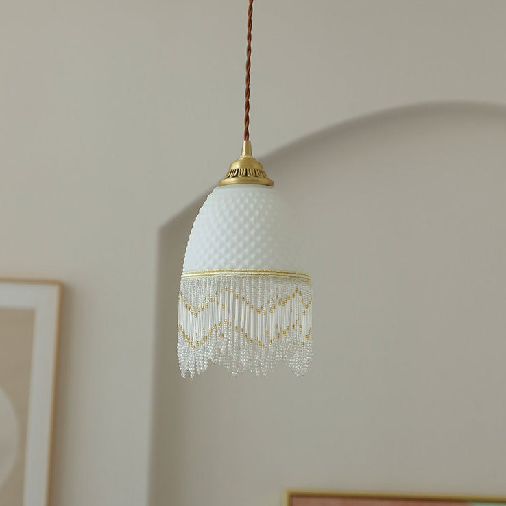 Lámpara colgante de 1 luz de cobre con cristal ovalado tradicional europeo con borla para dormitorio 