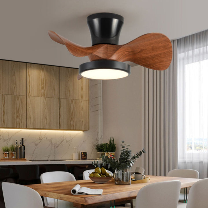 Ventilateur de plafond semi-encastré à LED en acrylique ABS à grain de bois rond industriel contemporain pour salon 
