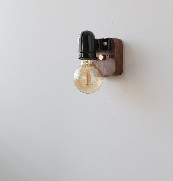 Applique murale 1 lumière avec abat-jour rond en verre céramique vintage traditionnel et base en bois pour chambre 