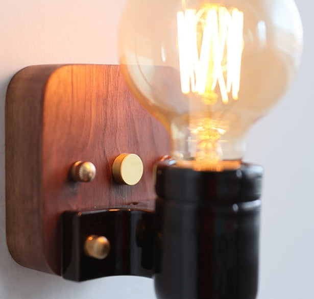 Applique murale 1 lumière avec abat-jour rond en verre céramique vintage traditionnel et base en bois pour chambre 