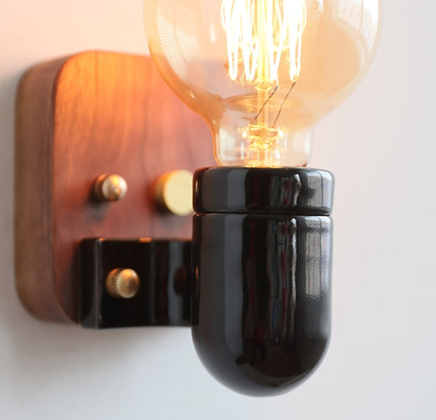 Applique murale 1 lumière avec abat-jour rond en verre céramique vintage traditionnel et base en bois pour chambre 