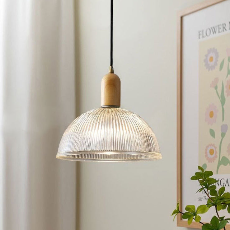 Lámpara Colgante de 1 Luz con Cúpula de Vidrio y Tazón Redondo Vintage Tradicional de Madera Maciza para Sala de Estar 