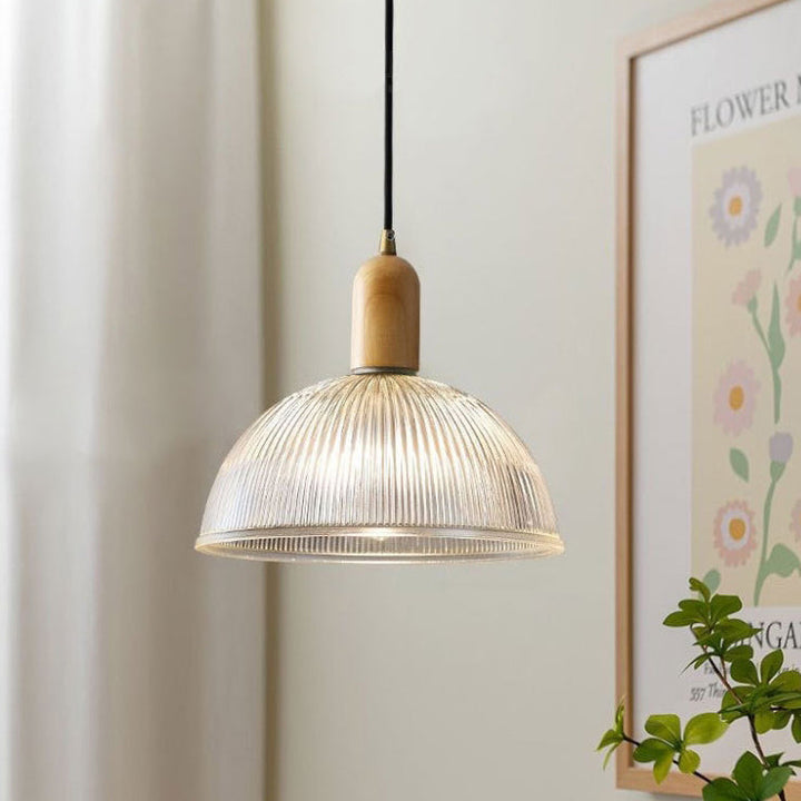 Lámpara Colgante de 1 Luz con Cúpula de Vidrio y Tazón Redondo Vintage Tradicional de Madera Maciza para Sala de Estar 