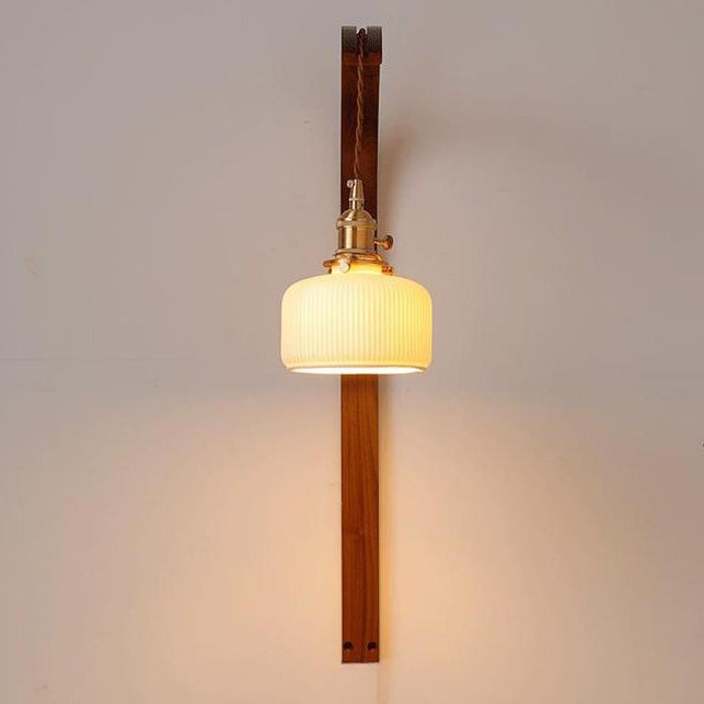 Applique murale 1 lumière avec abat-jour rond en céramique japonaise traditionnelle et poteau courbé en bois pour salon 