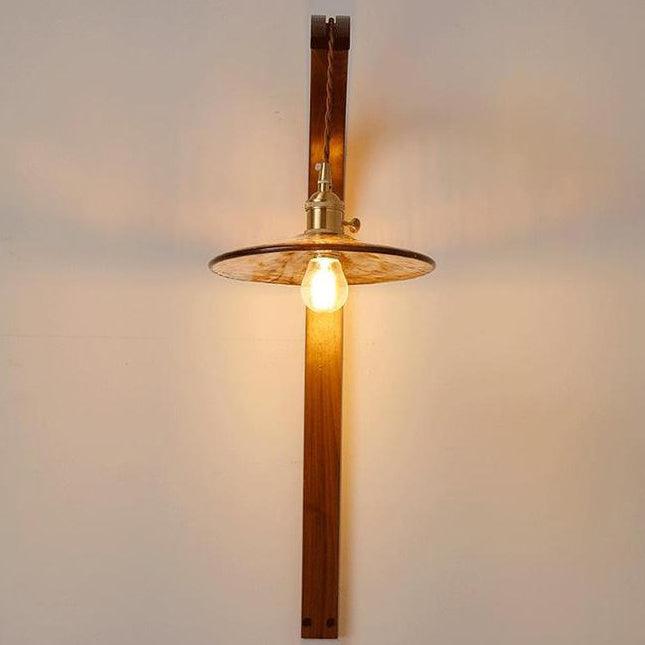 Applique murale 1 lumière avec abat-jour rond en céramique japonaise traditionnelle et poteau courbé en bois pour salon 