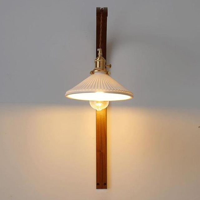 Applique murale 1 lumière avec abat-jour rond en céramique japonaise traditionnelle et poteau courbé en bois pour salon 