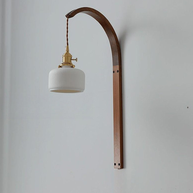 Applique murale 1 lumière avec abat-jour rond en céramique japonaise traditionnelle et poteau courbé en bois pour salon 