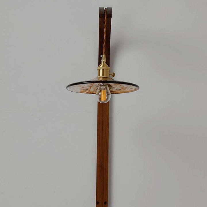 Applique murale 1 lumière avec abat-jour rond en céramique japonaise traditionnelle et poteau courbé en bois pour salon 