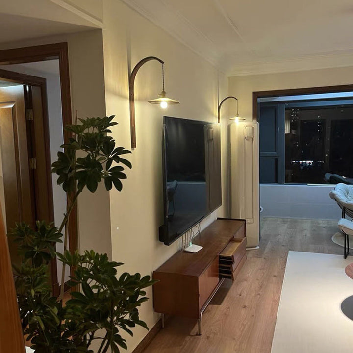 Traditionelle japanische runde Keramik-Glas-Schirm Holz gebogene Stange 1-Licht Wandleuchte für Wohnzimmer 
