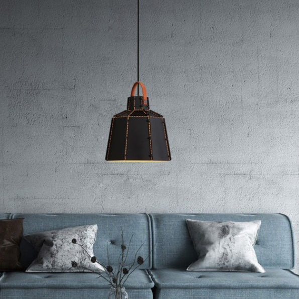 Lustre suspendu contemporain industriel rond cylindrique trapézoïdal en fer à 1 lumière pour salon 
