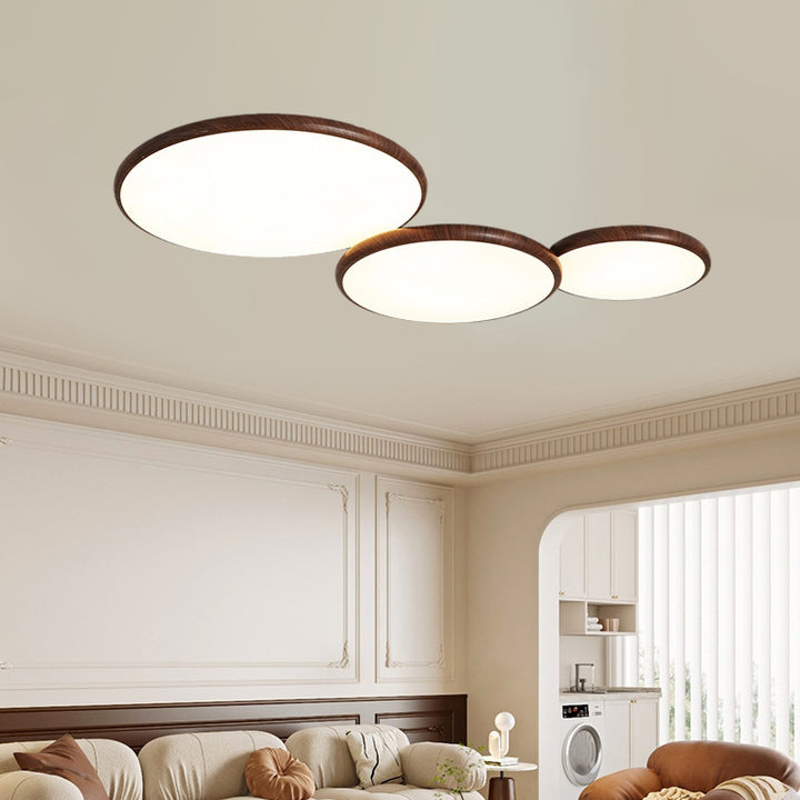 Moderne minimalistische Eisen Holzmaserung Runde LED Semi-Flush Mount Deckenleuchte für Wohnzimmer 