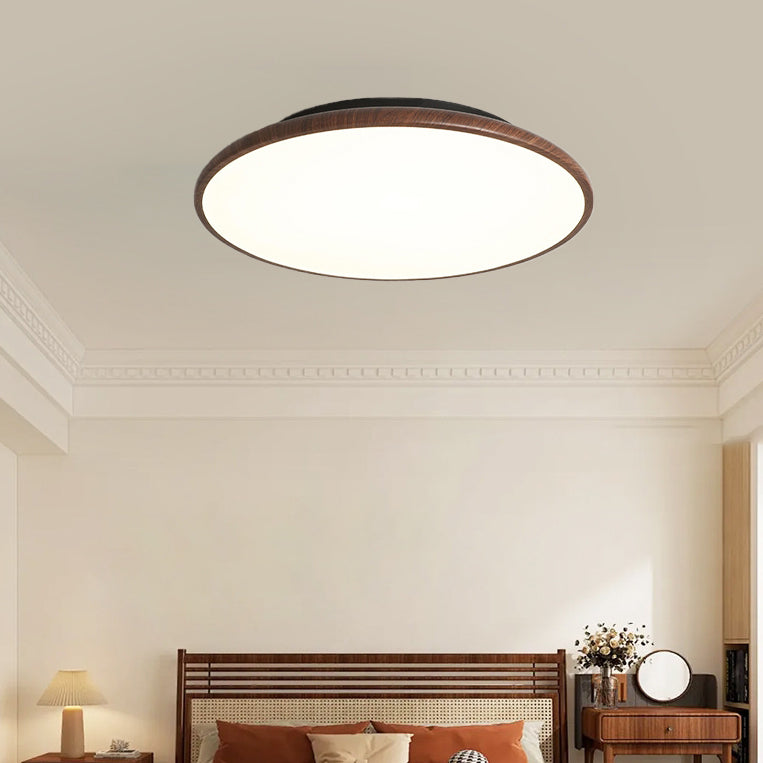 Moderne minimalistische Eisen Holzmaserung Runde LED Semi-Flush Mount Deckenleuchte für Wohnzimmer 