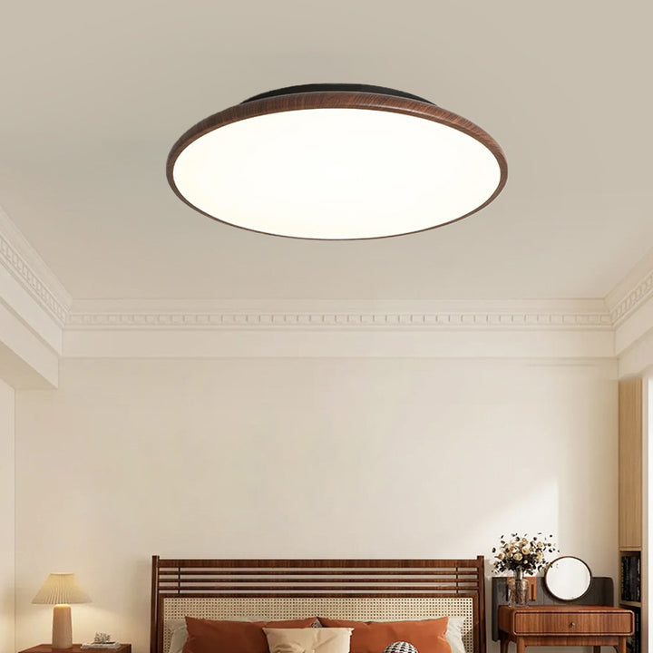 Moderne minimalistische Eisen Holzmaserung Runde LED Semi-Flush Mount Deckenleuchte für Wohnzimmer 