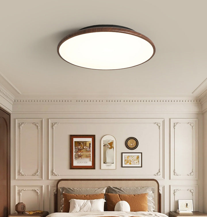 Moderne minimalistische Eisen Holzmaserung Runde LED Semi-Flush Mount Deckenleuchte für Wohnzimmer 
