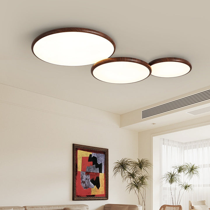 Moderne minimalistische Eisen Holzmaserung Runde LED Semi-Flush Mount Deckenleuchte für Wohnzimmer 