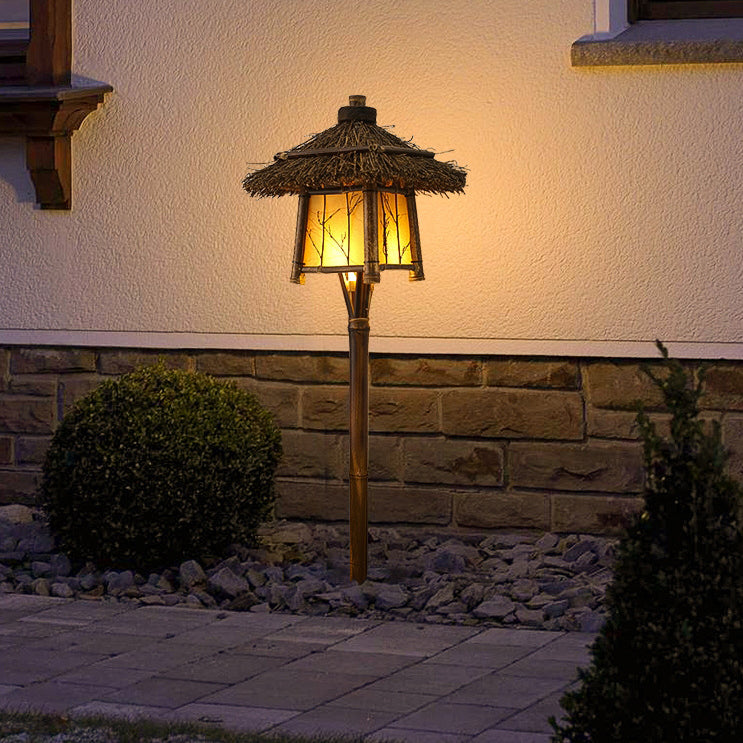 Lumière de paysage extérieure en bambou et acier LED pour jardin, maison rustique traditionnelle à quatre coins 
