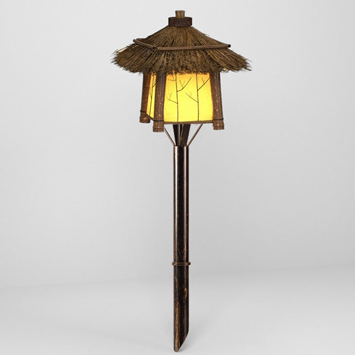 Lumière de paysage extérieure en bambou et acier LED pour jardin, maison rustique traditionnelle à quatre coins 