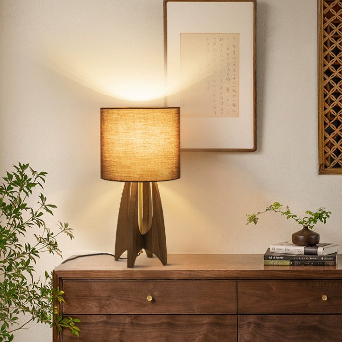 Traditionelle chinesische Holz Stoff Zylinder 1-Licht Tischlampe für Schlafzimmer 